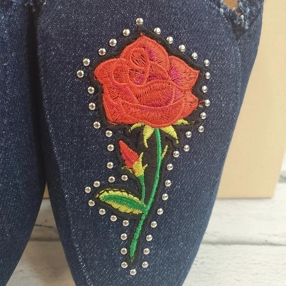 YOKI Willas 71 DARK DENIM Low Heal Slip On Embroidery Rose Beauty Beast Shoes - Picture 5 of 14